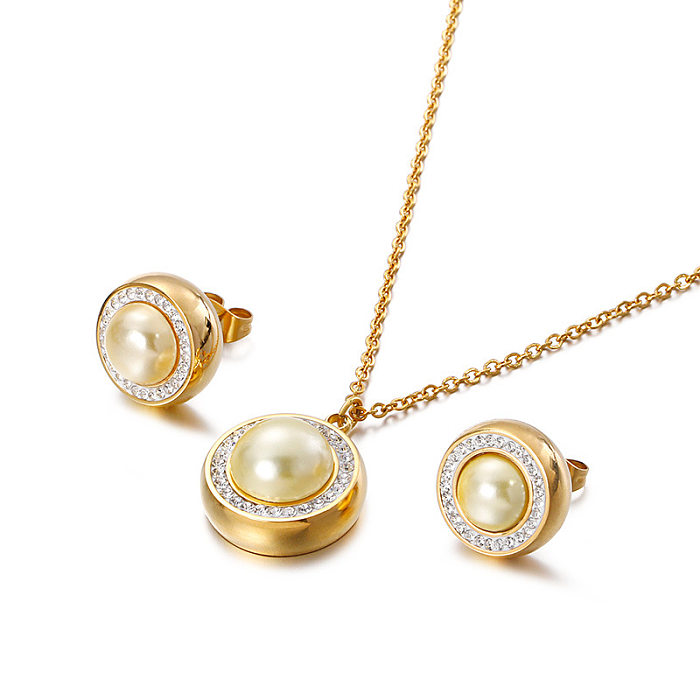 Simple Fashion Golden Pearl Pendant Diamonds Earrings Two-piece Necklace Earrings Set