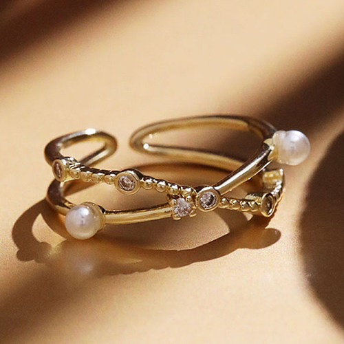 Lässige, elegante, geometrische Kupfereinlage, künstliche Strasssteine, künstliche Perlen, offene Ringe
