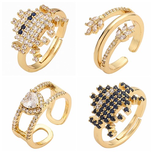 Streetwear élégant en forme de cœur, incrustation de cuivre en Zircon plaqué or, anneaux ouverts