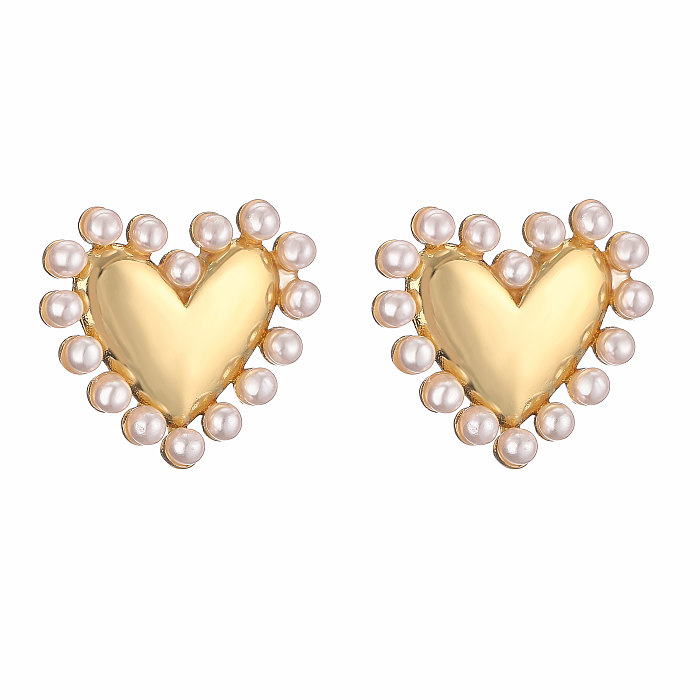 Elegant Vacation Simple Style Heart Shape Copper Enamel Plating Inlay Artificial Pearls 18K Gold Plated Rings Necklace