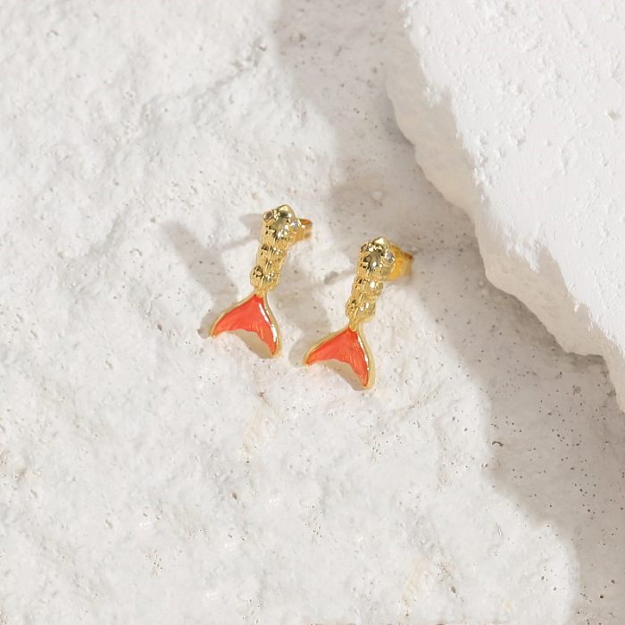 1 Piece Elegant Classic Style Fish Tail Enamel Plating Copper 14K Gold Plated Ear Studs