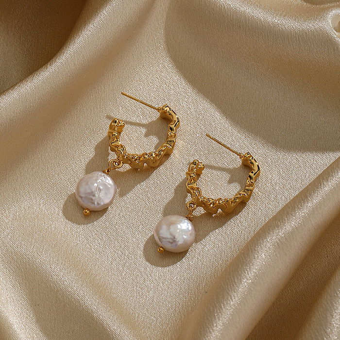 1 Pair Retro Flower Plating Metal Inlay Copper Freshwater Pearl Agate 18K Gold Plated Drop Earrings