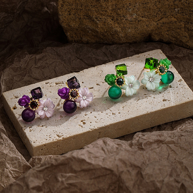 1 Pair Princess Glam Commute Irregular Flower Plating Inlay Copper Resin Zircon 18K Gold Plated Ear Studs