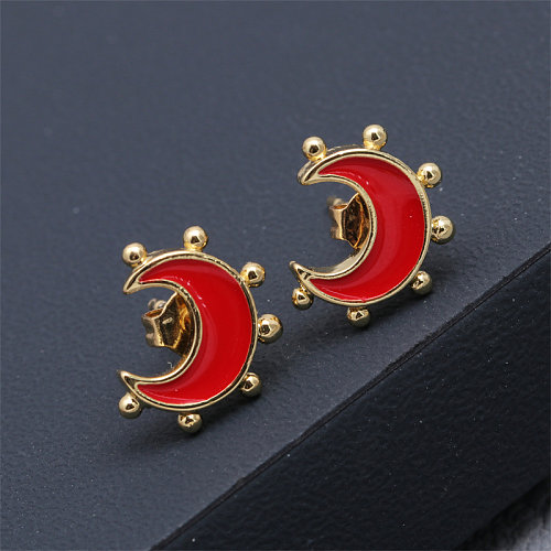 1 Pair Elegant Moon Inlay Copper Gold Plated Ear Studs