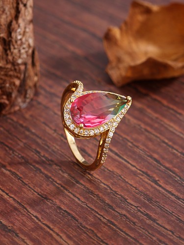 Basic Vintage Style Water Droplets Copper Plating Inlay Zircon 18K Gold Plated Rings