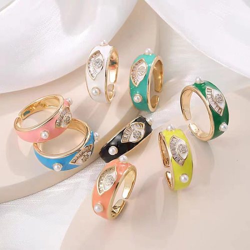 Elegant Streetwear Eye Copper Enamel Inlay Artificial Pearls Zircon Open Ring