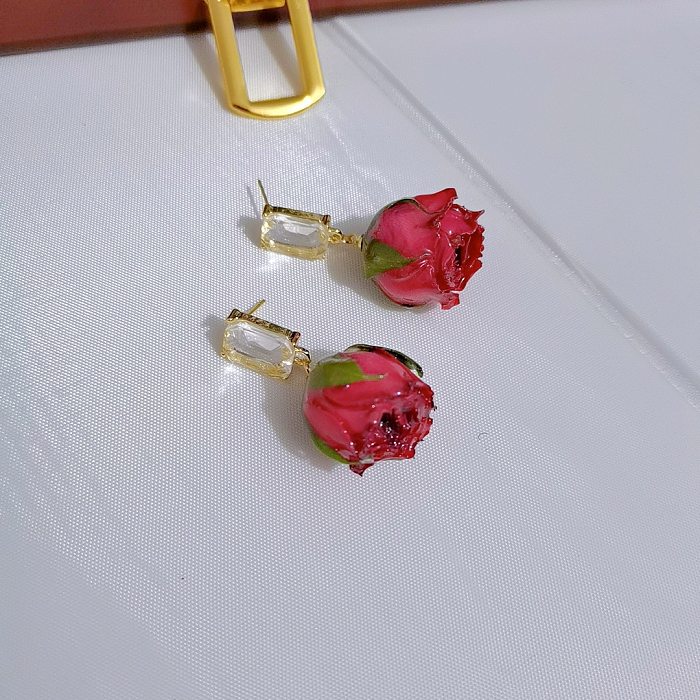 1 Pair Simple Style Flower Inlay Copper Rhinestones Drop Earrings