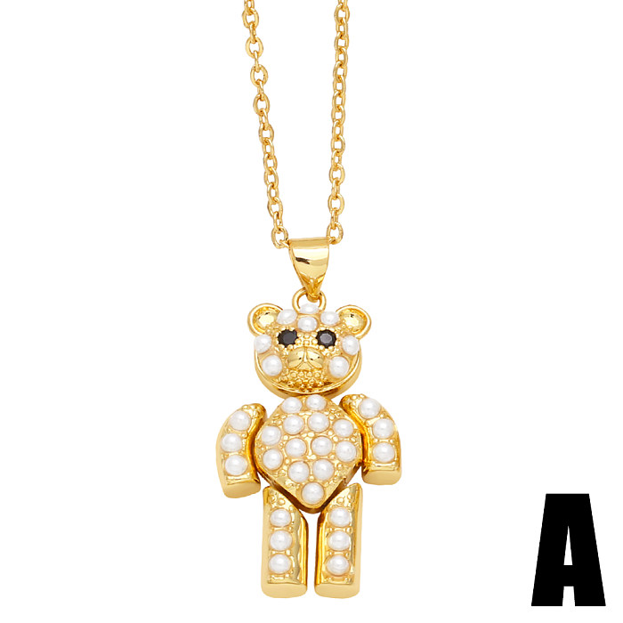 Cute Little Bear Copper 18K Gold Plated Beads Zircon Pendant Necklace In Bulk