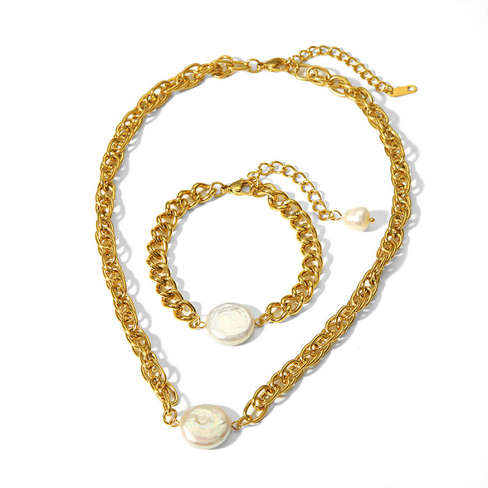Collier de bracelets plaqué or 18 carats avec perles d'eau douce rondes en acier inoxydable pour dame élégante
