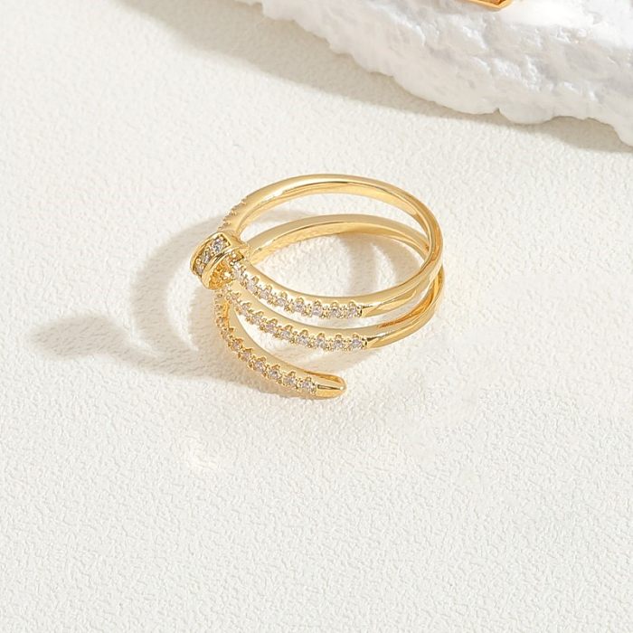Elegante e luxuoso estilo clássico geométrico diabo olho cobre chapeamento incrustado zircão 14K anéis abertos banhados a ouro