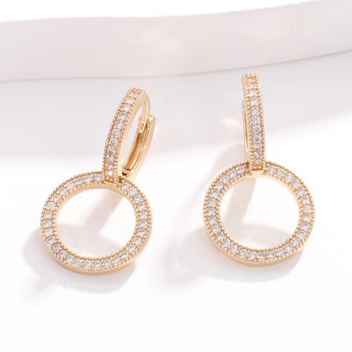 1 Pair Elegant Simple Style Double Ring Inlay Copper Artificial Diamond Drop Earrings