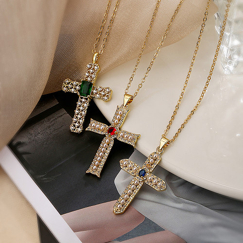 Collier pendentif en cuivre plaqué or 18 carats avec perles artificielles et Zircon, Style Simple, croix de trajet, en vrac