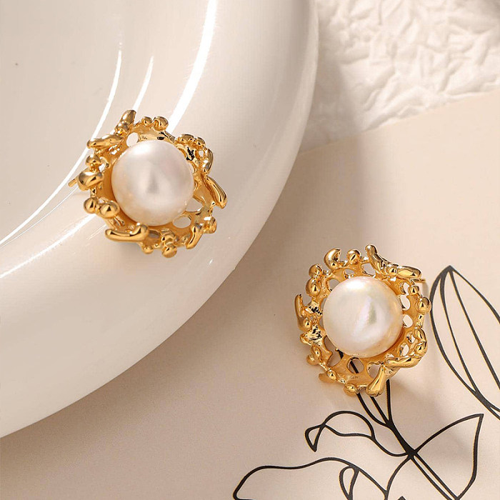 1 Pair Elegant Vintage Style Roman Style Geometric Inlay Copper Pearl Ear Studs