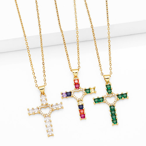 Elegante Streetwear-Kreuz-Herzform-Kupfer-18-Karat-vergoldete Zirkon-Anhänger-Halskette in großen Mengen