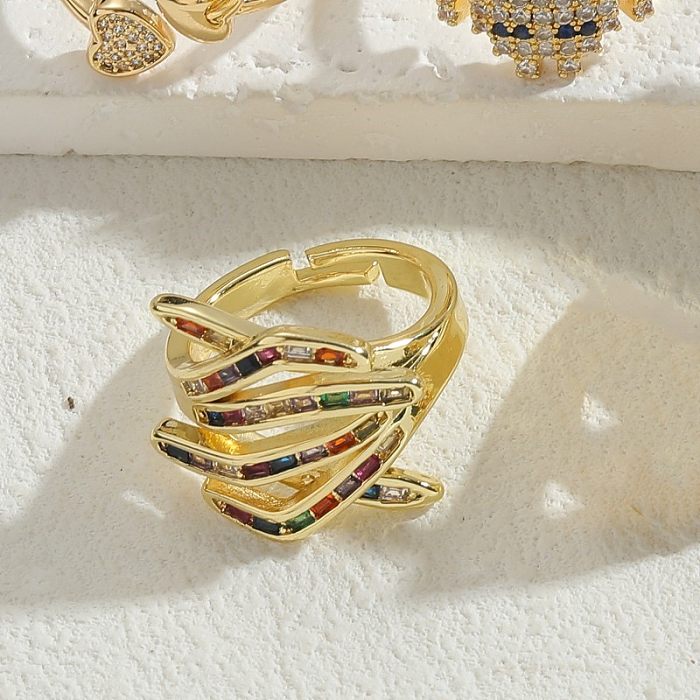 Elegant Classic Style Heart Shape Copper Asymmetrical Zircon 14K Gold Plated Open Rings