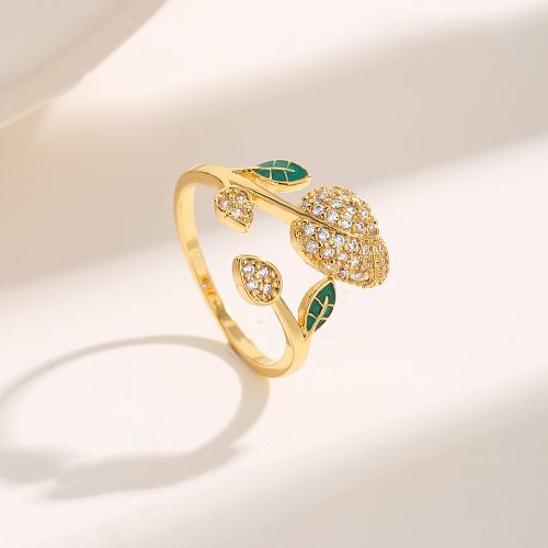 Luxurious Leaves Copper Plating Inlay Zircon 18K Gold Plated Rings