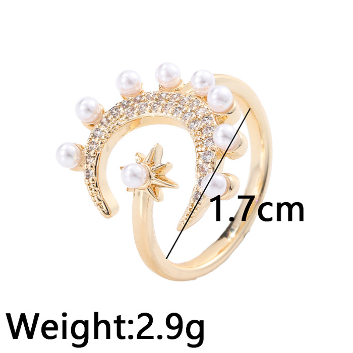 Elegant Streetwear Moon Copper Inlay Artificial Pearls Zircon Open Rings