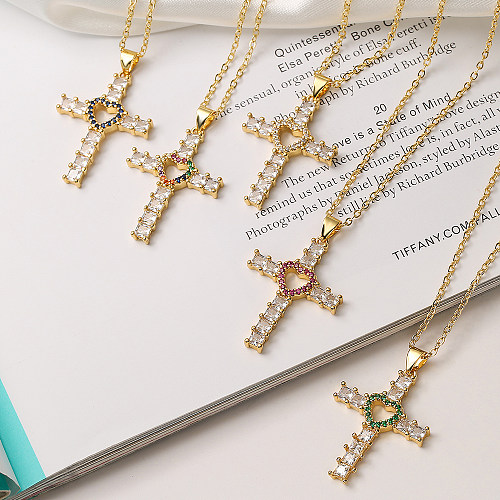 Halskette mit Anhänger im INS-Stil, Kreuz, Herzform, Kupferbeschichtung, Inlay aus Zirkon, 18 Karat vergoldet