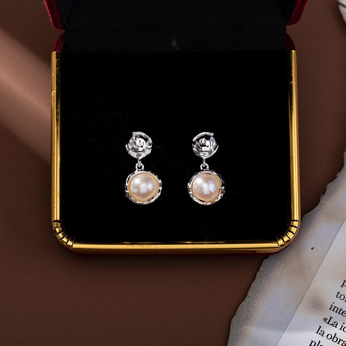1 paire de boucles d'oreilles pendantes en perles de cuivre, Style Simple, incrustation ronde