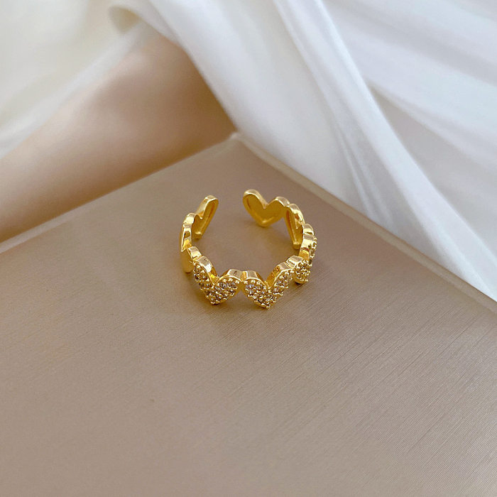 Fashion Heart Shape Brass Plating Inlay Zircon Open Ring 1 Piece
