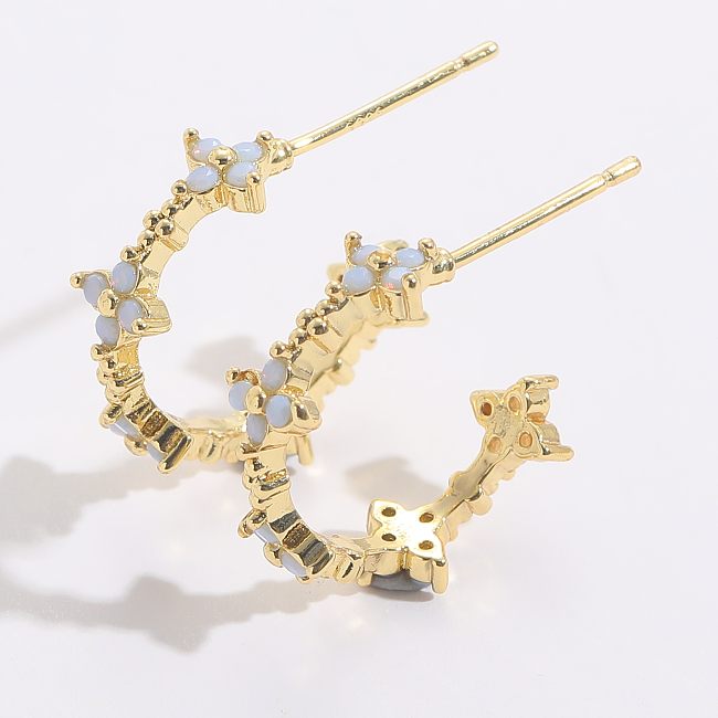 1 par de brincos de orelha de zircônia com incrustações de cobre e flores da moda