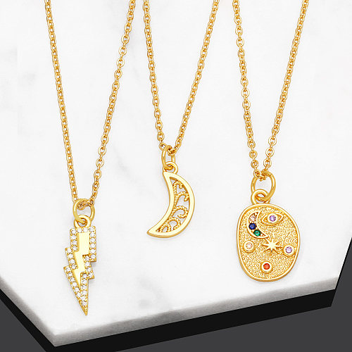 Fashion Starry Sky Moon Lightning Copper Gold Plated Zircon Pendant Necklace 1 Piece