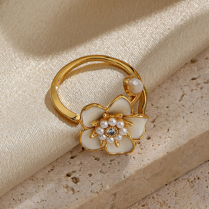 Elegant Lady Flower Copper Painted Plating Inlay Artificial Pearls Artificial Diamond 18K Gold Plated Open Rings