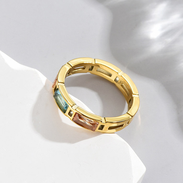 Venta al por mayor, anillos de circonio chapados en oro de 1K de acero inoxidable cuadrado redondo brillante de 14 pieza