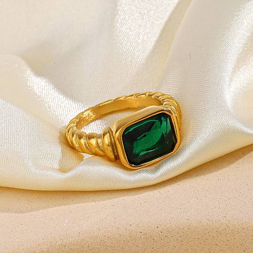 Retro Simple Style Rectangle Stainless Steel 18K Gold Plated Zircon Rings In Bulk
