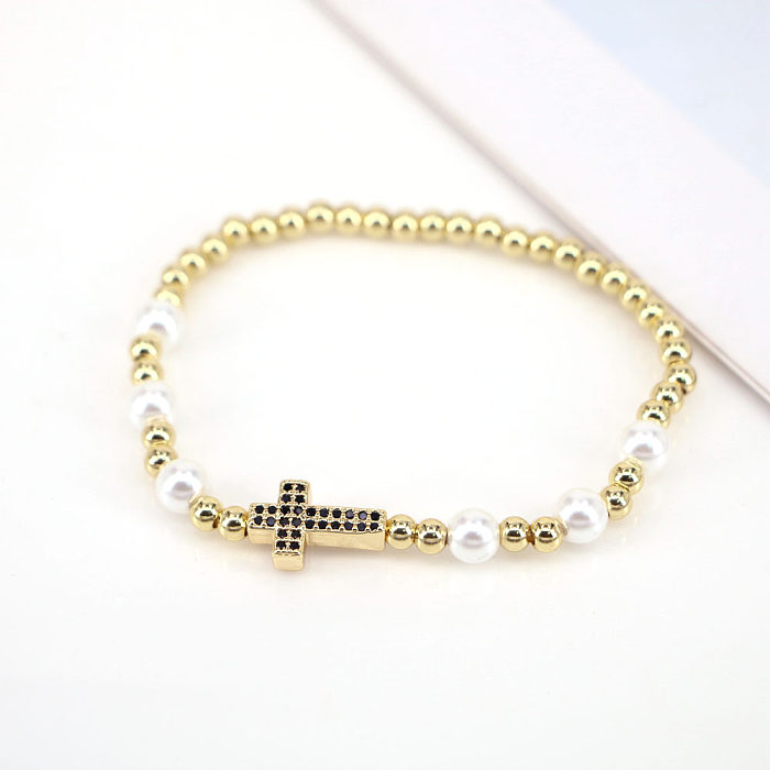 Bracelets de perles en cuivre avec croix à la mode, 1 pièce