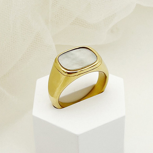 Lässige, rechteckige Ringe im Vintage-Stil aus Edelstahl mit Metallbeschichtung und Inlay-Muschel vergoldet