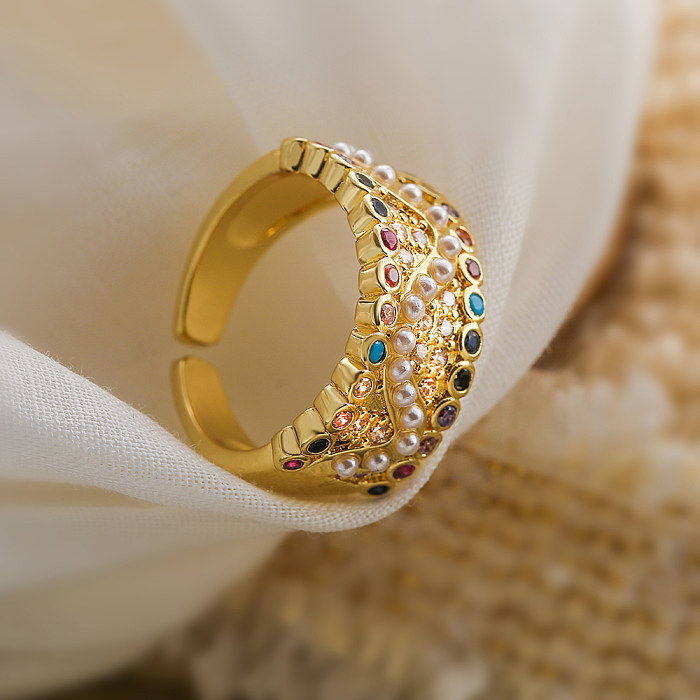 1 Stück modischer, runder, verkupferter, offener Ring mit Perlen und Zirkon