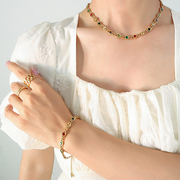 Modische, farbenfrohe Titanstahl-Inlay-Zirkon-Armband-Halskette