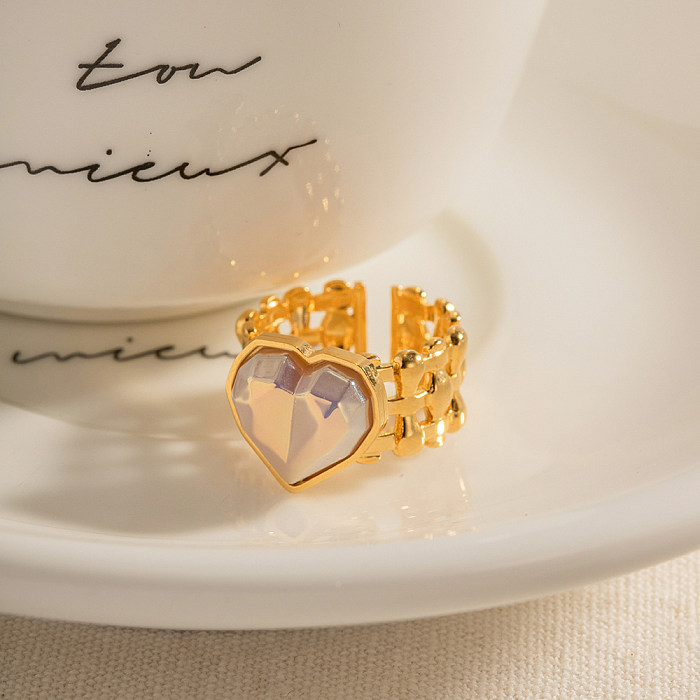 IG Style شكل قلب من الفولاذ المقاوم للصدأ مرصع بالأحجار الكريمة الاصطناعية حلقة مفتوحة مطلية بالذهب عيار 18 قيراط