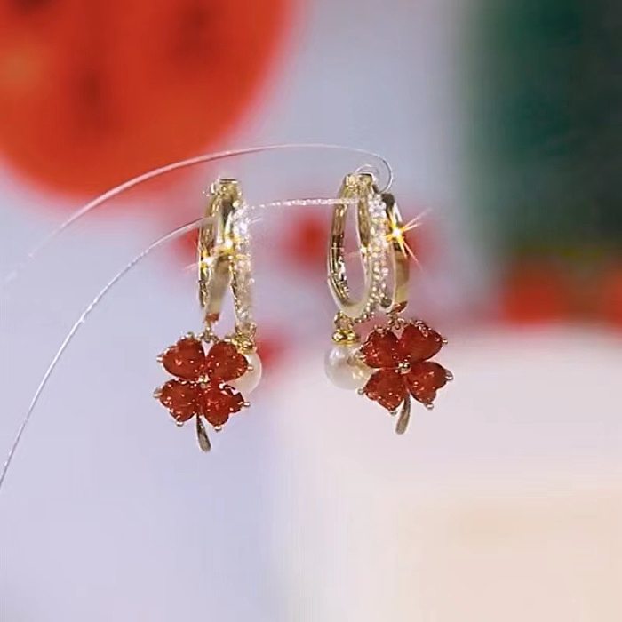 1 par de pendientes colgantes de cristal Artificial de cobre con incrustaciones de flores dulces