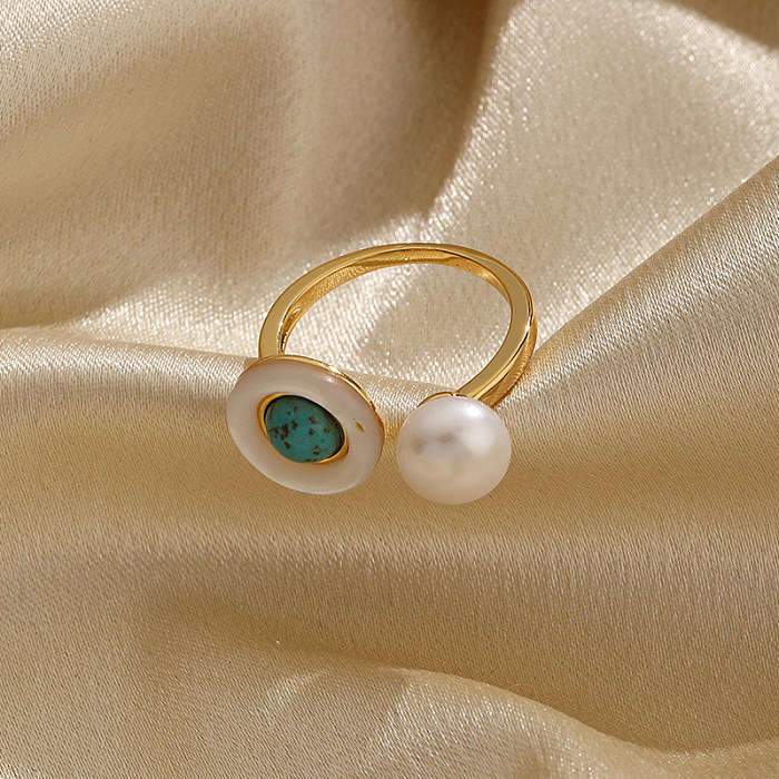 Retro Round Copper Plating Inlay Turquoise 18K Gold Plated Open Rings
