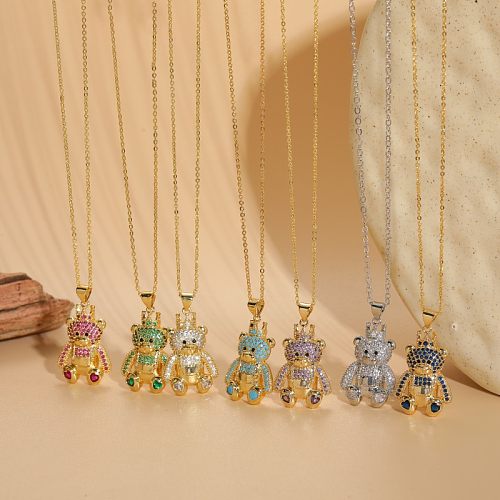 Cute Classic Style Bear Copper Plating Inlay Zircon 14K Gold Plated Pendant Necklace