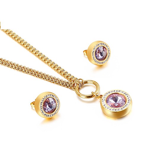 Nova moda ouro cristal vidro diamantes brincos colar conjunto de aço inoxidável jóias por atacado