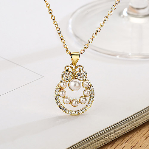 Simple Style Commute Butterfly Copper Inlay Artificial Pearls Zircon 18K Gold Plated Pendant Necklace