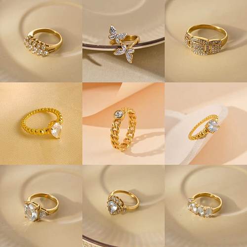 Glam Lady Shiny Geometric Butterfly Twist Stainless Steel Water Drop Plating Inlay Zircon 14K Gold Plated Rings