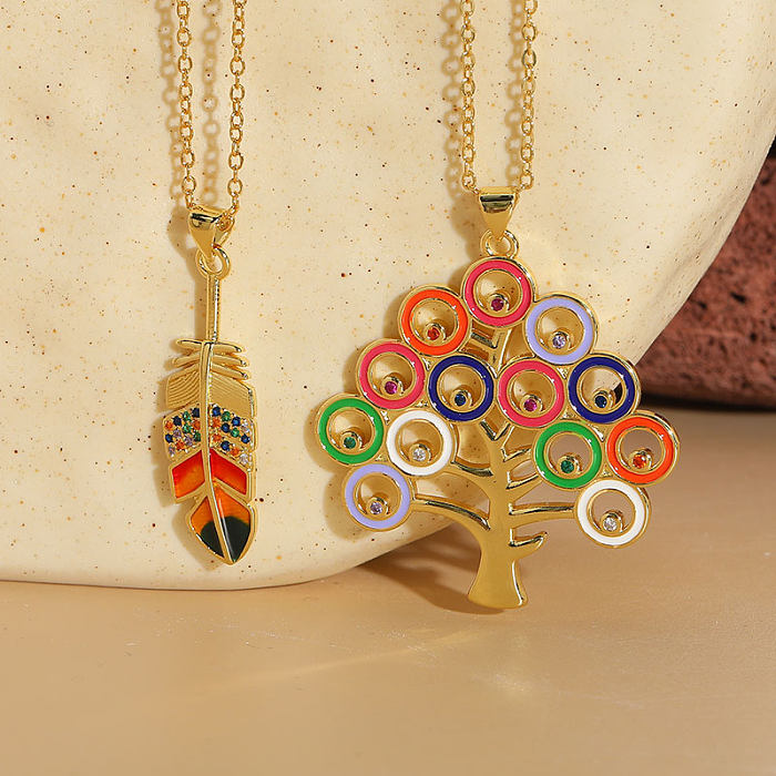 Simple Style Tree Leaves Copper Irregular Plating Inlay Zircon 14K Gold Plated Pendant Necklace