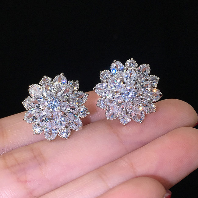 Fashion Sunflower Double Zircon Earrings Copper Earrings Accessories
