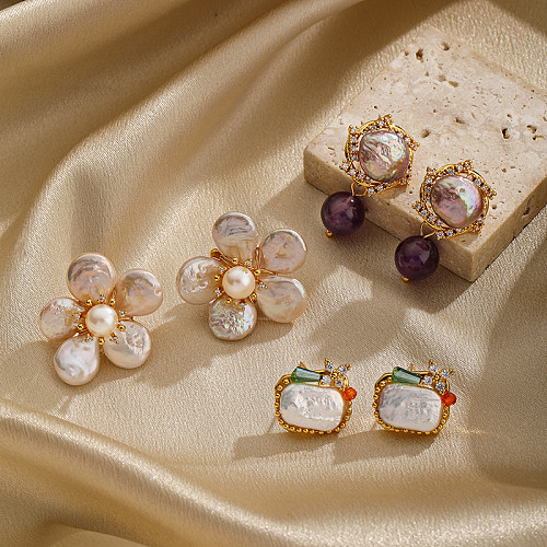 Boucles d'oreilles en cuivre plaqué or 1 carats, 18 paire, incrustation de fleurs de trajet, cristal artificiel, perle d'eau douce, clous d'oreilles