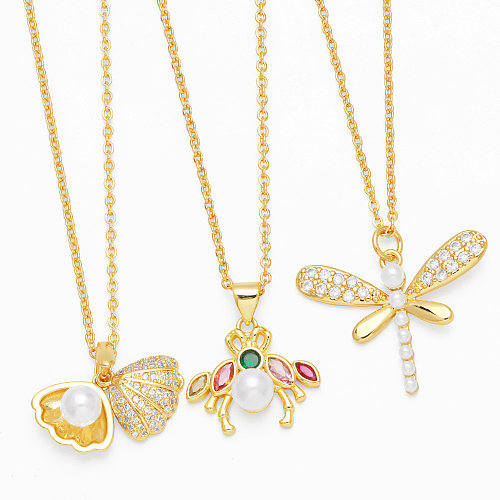 1 Piece Fashion Korean Style Dragonfly Shell Copper Plating Inlay Pearl Zircon Pendant Necklace
