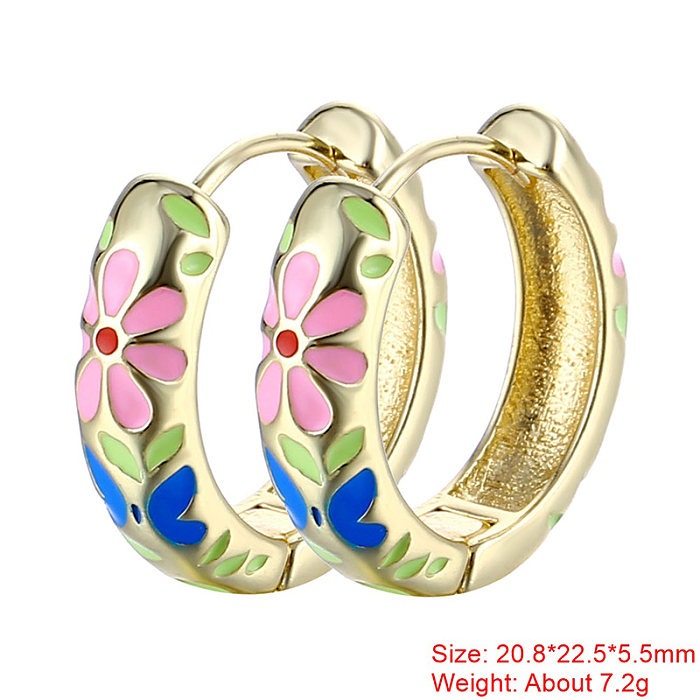 1 Pair Sweet Flower Enamel Plating Copper 18K Gold Plated Hoop Earrings