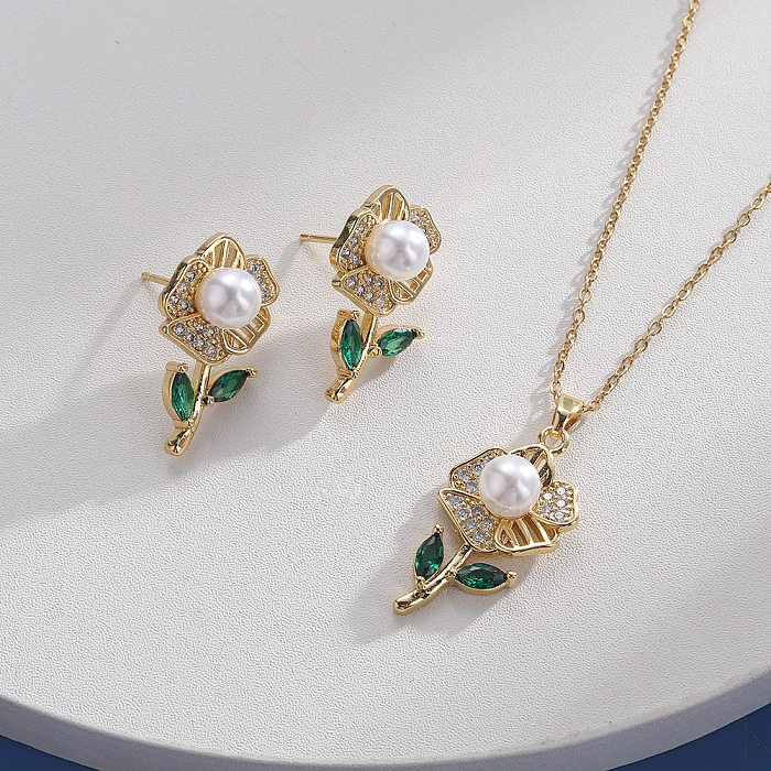 Simple Style Flower Copper Plating Inlay Artificial Pearls Zircon Earrings Necklace