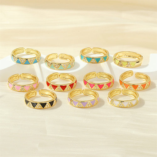 Anéis abertos banhados a ouro de zircão 18K com chapeamento de esmalte triangular de estilo simples e doce