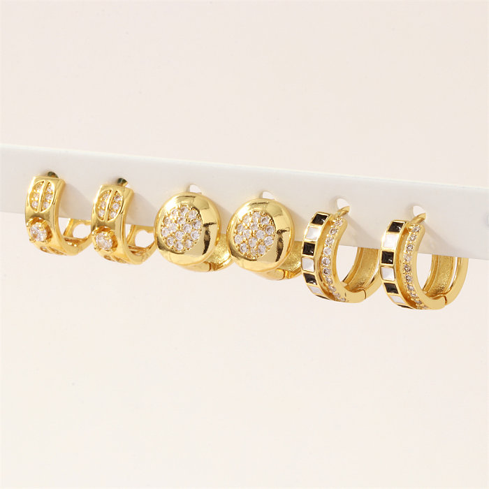 1 Paar schlichte Ohrringe mit geometrischem Kreis, Emaille-Beschichtung, Kupfer-Zirkon-Inlay, 18 Karat vergoldet