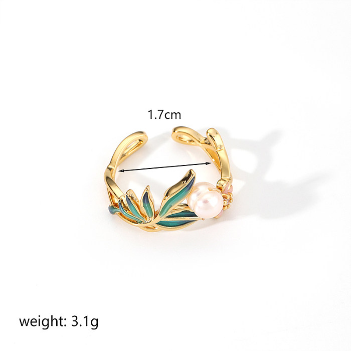 Retro Flower Butterfly Copper Plating Inlay Freshwater Pearl 18K Gold Plated Open Rings