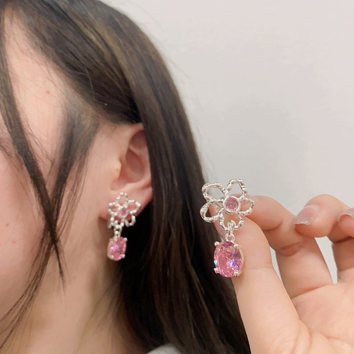 1 paire de boucles d'oreilles élégantes de Style coréen, placage de fleurs géométriques, incrustation de cuivre et de Zircon